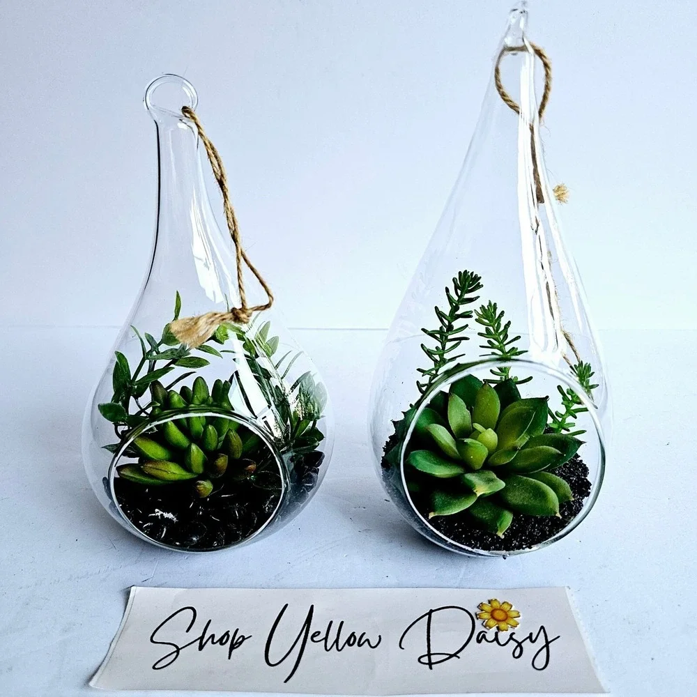 Set of 2 Glass Teardrop‎ Hanging Terrariums with Faux Succulents Home Decor